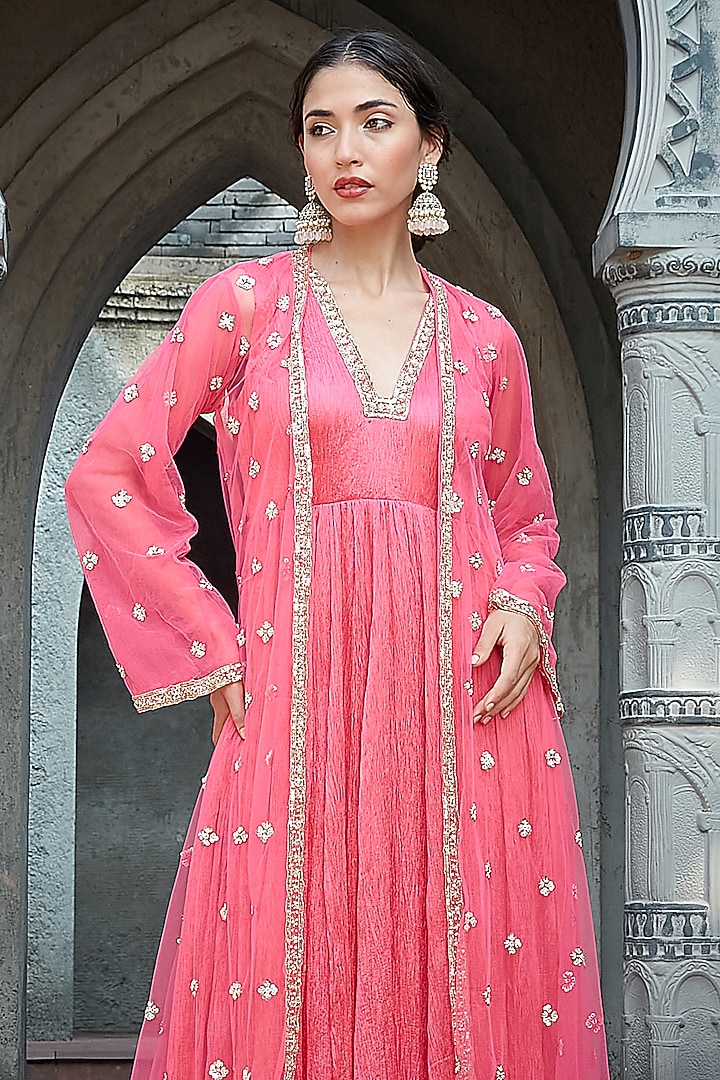 Pink Crinkle Silk Wedding Anarkali Set by Priyanka Jain at Pernia's Pop Up Shop