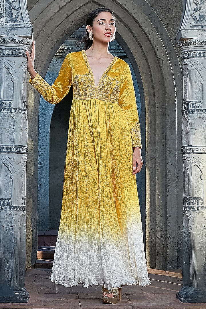 Yellow & Ivory Ombre Silk Crinkle Hand Work Wedding Anarkali Set by Priyanka Jain at Pernia's Pop Up Shop