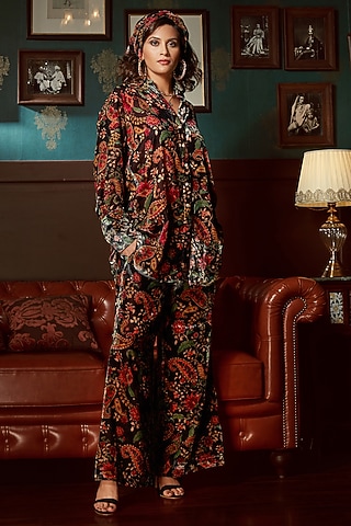 Black Velvet Printed Co-Ord Set by Priyanka Jain