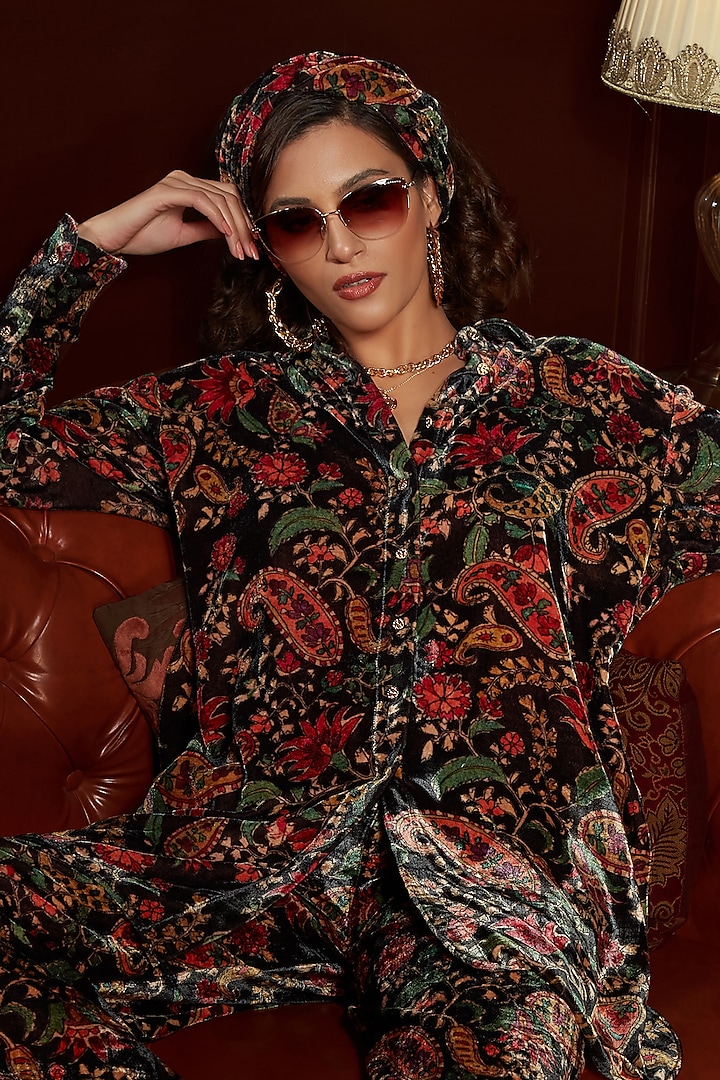 Black Velvet Printed Co-Ord Set by Priyanka Jain at Pernia's Pop Up Shop