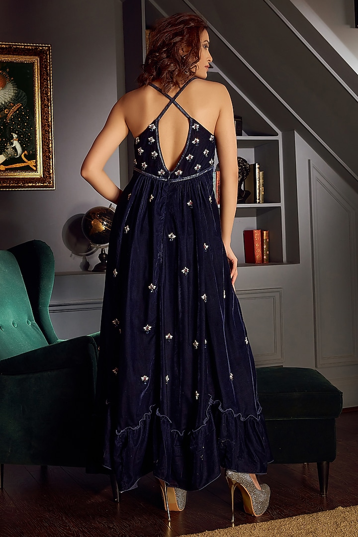 Midnight Blue Velvet Stone Work Cocktail Dress by Priyanka Jain at Pernia's Pop Up Shop