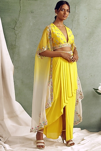 Yellow High-Low Draped Skirt Set by Priyanka Jain at Pernia's Pop Up Shop