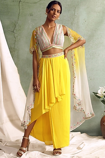 Yellow Draped Skirt Set by Priyanka Jain at Pernia's Pop Up Shop
