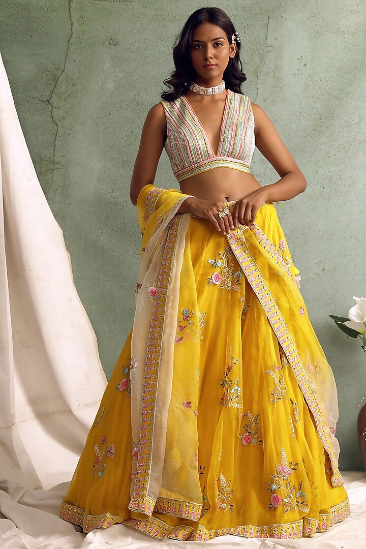 Yellow Embroidered Lehenga Set by Priyanka Jain