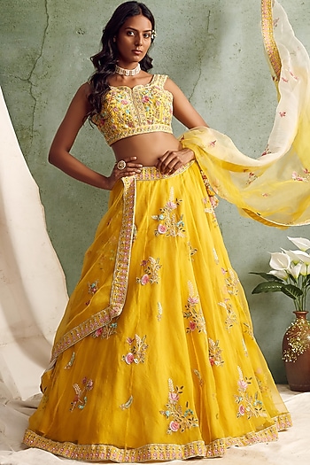 Yellow Wedding Lehenga Set With Embroidery by Priyanka Jain at Pernia's Pop Up Shop