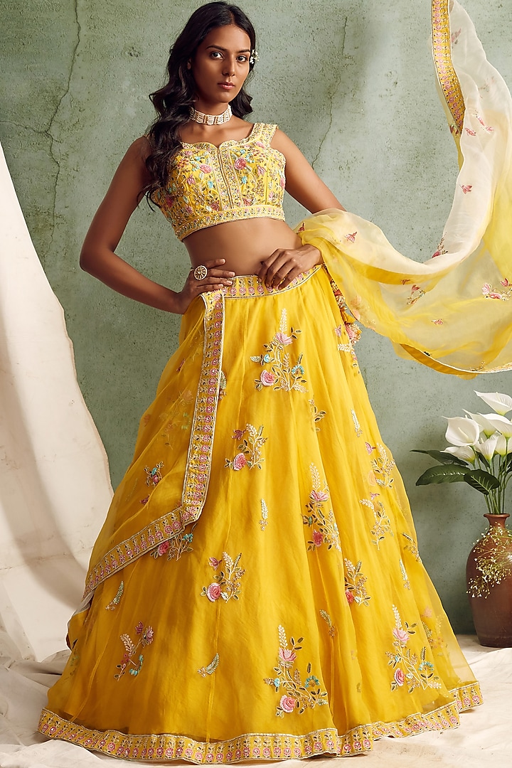Yellow Lehenga Set With Embroidery by Priyanka Jain
