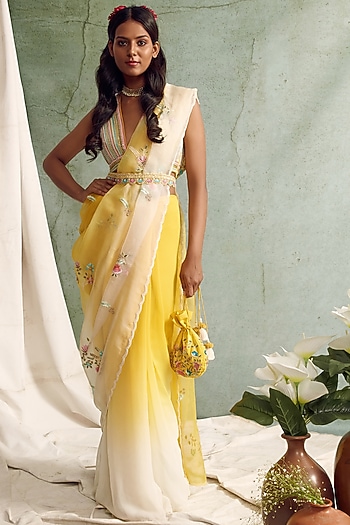 Yellow Ombre Chanderi & Organza Wedding Saree Set by Priyanka Jain at Pernia's Pop Up Shop