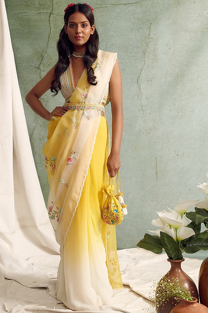 Yellow Ombre Chanderi & Organza Saree Set by Priyanka Jain