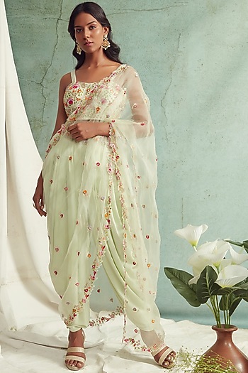 Mint Green Zardosi Embroidered Dhoti Pant Set by Priyanka Jain at Pernia's Pop Up Shop