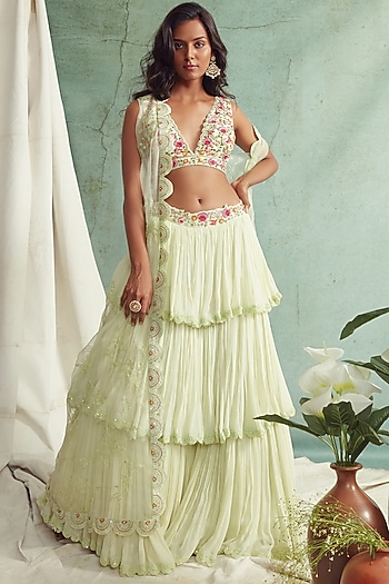 Mint Green Embroidered 3 Tiered Wedding Lehenga Set by Priyanka Jain at Pernia's Pop Up Shop