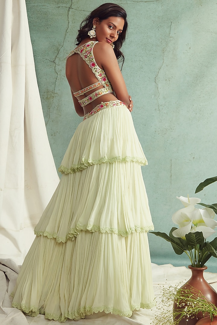 Mint Green Embroidered 3 Tiered Wedding Lehenga Set by Priyanka Jain at Pernia's Pop Up Shop