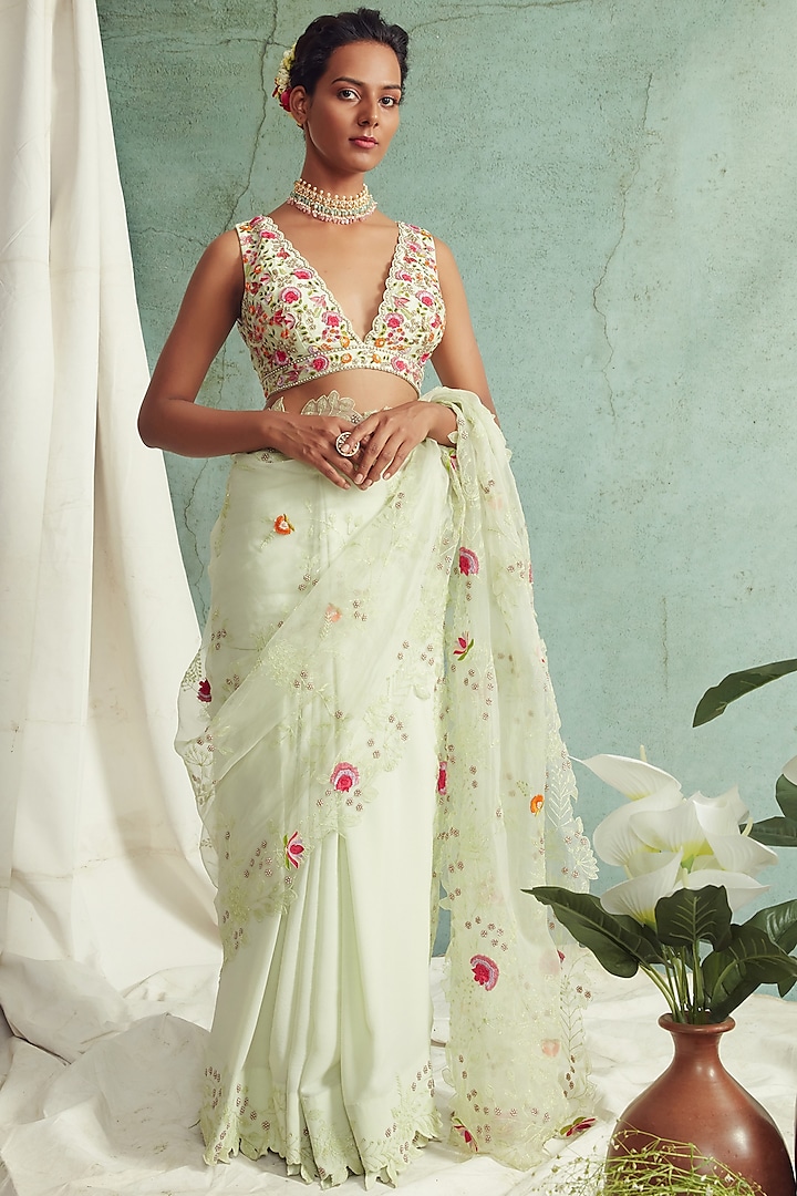 Mint Green Embroidered Saree Set by Priyanka Jain