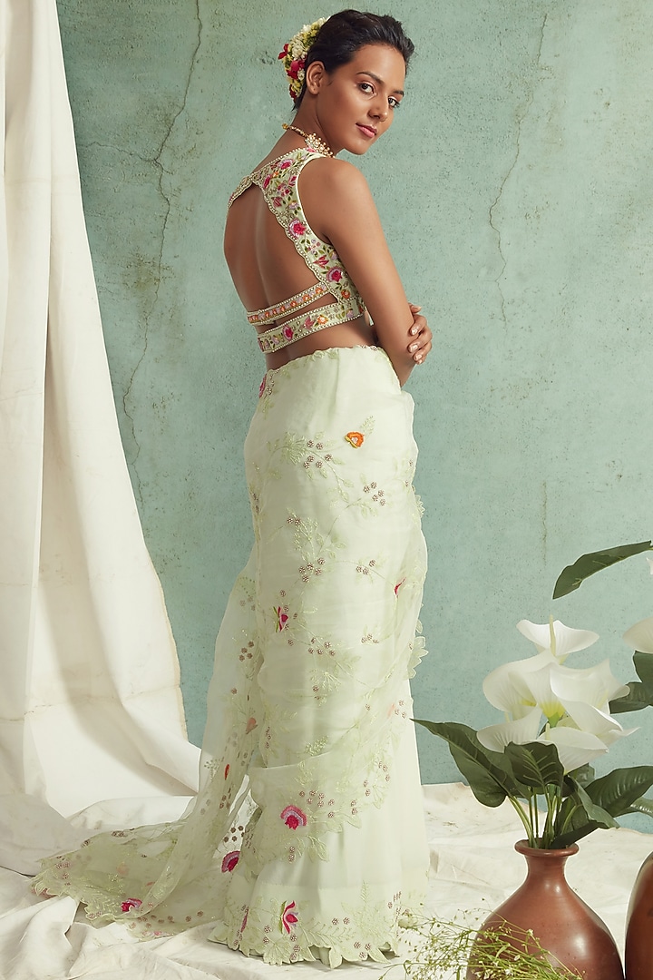 Mint Green Embroidered Wedding Saree Set by Priyanka Jain at Pernia's Pop Up Shop