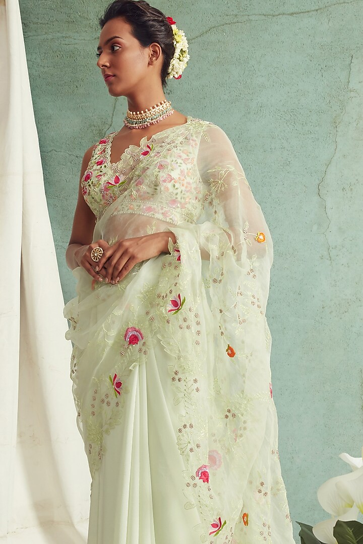 Mint Green Embroidered Wedding Saree Set by Priyanka Jain at Pernia's Pop Up Shop