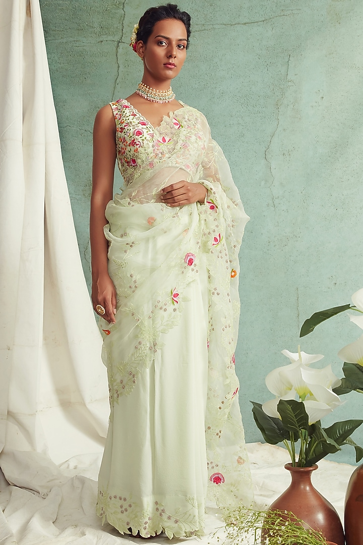 Mint Green Embroidered Wedding Saree Set by Priyanka Jain at Pernia's Pop Up Shop