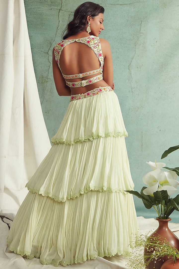 Mint Embroidered 3 Tiered Wedding Lehenga Set by Priyanka Jain at Pernia's Pop Up Shop