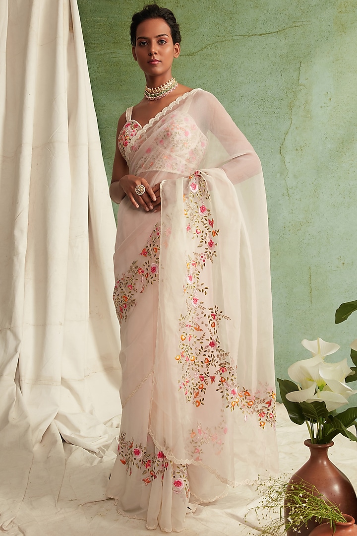 Blush Pink Embroidered Saree Set by Priyanka Jain