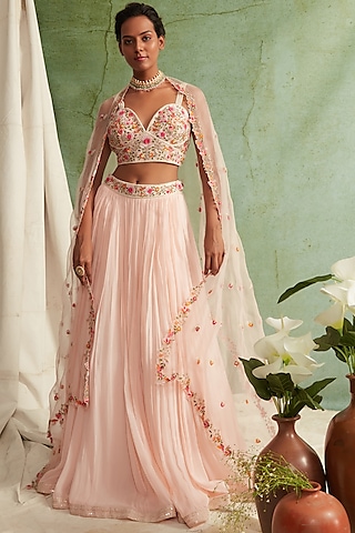 Blush Pink Embroidered Pleated Lehenga Set by Priyanka Jain