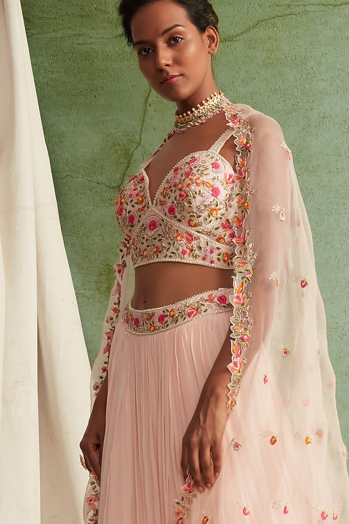 Blush Pink Embroidered Pleated Wedding Lehenga Set by Priyanka Jain at Pernia's Pop Up Shop