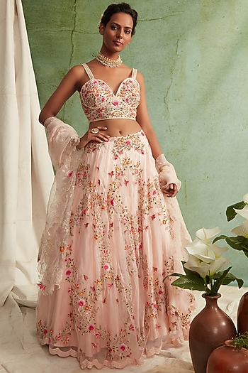 Blush Pink Chanderi & Organza Zardosi Embroidered Wedding Lehenga Set by Priyanka Jain at Pernia's Pop Up Shop