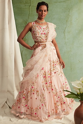 Blush Pink Chanderi & Organza Zardosi Embroidered Wedding Lehenga Set by Priyanka Jain at Pernia's Pop Up Shop
