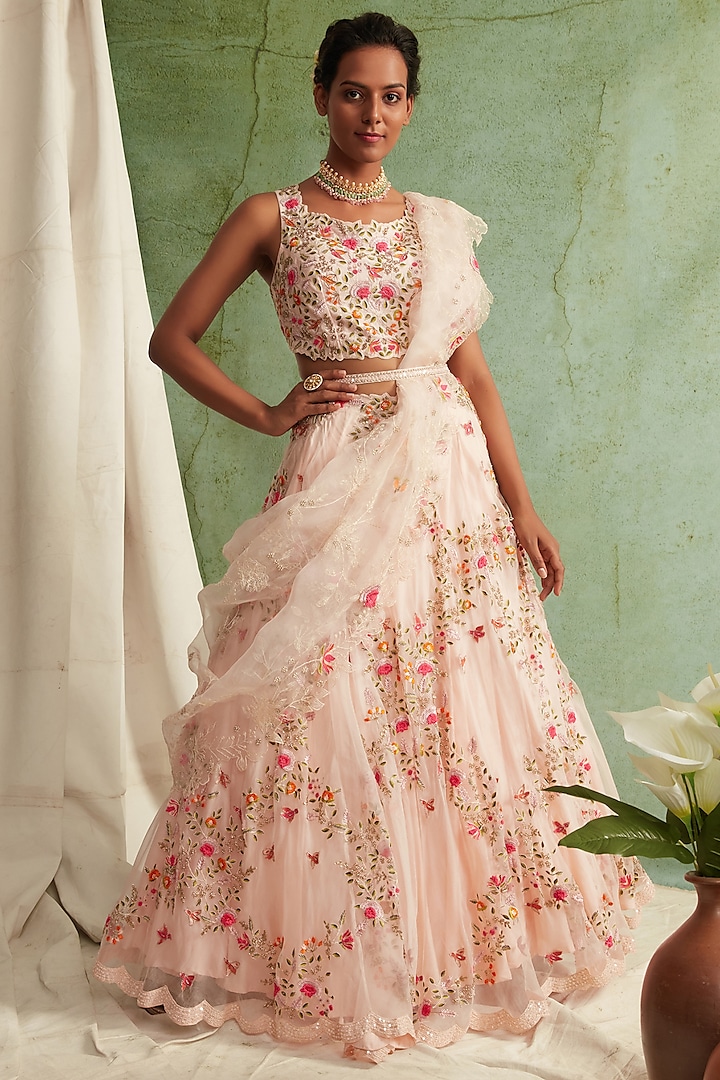 Blush Pink Zardosi Embroidered Lehenga Set by Priyanka Jain