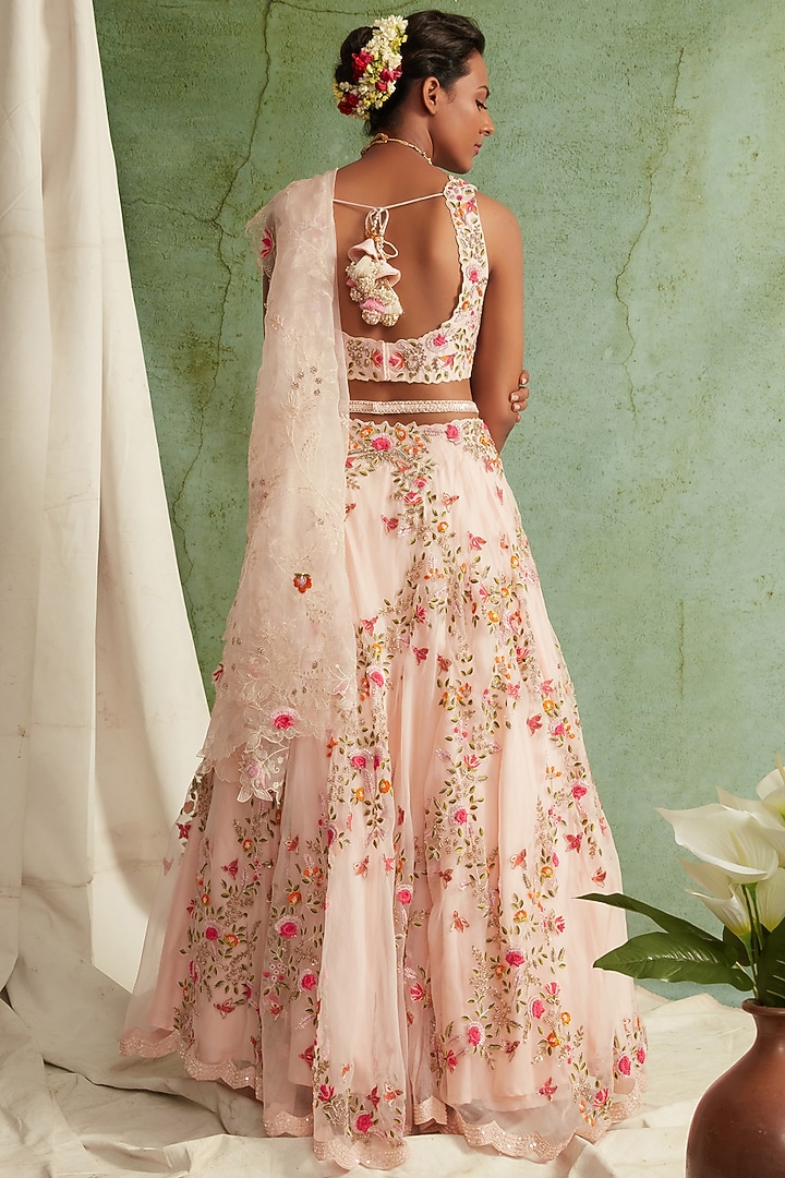 Blush Pink Chanderi & Organza Zardosi Embroidered Wedding Lehenga Set by Priyanka Jain at Pernia's Pop Up Shop