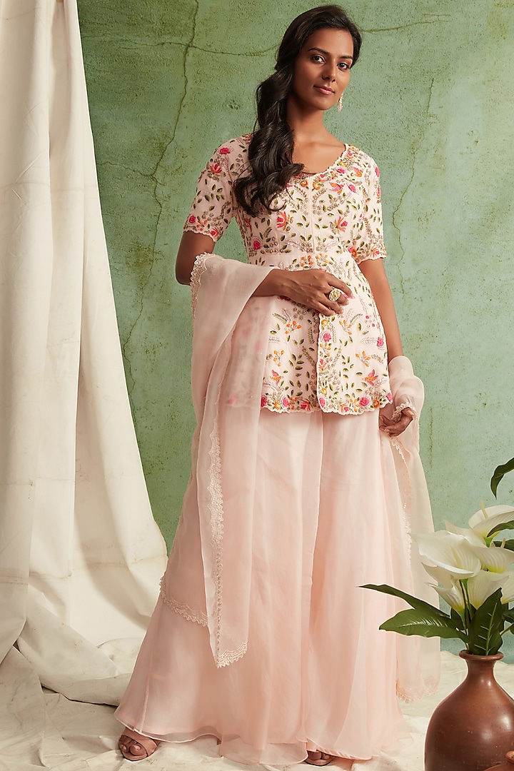 Blush Pink Embroidered Sharara Set by Priyanka Jain