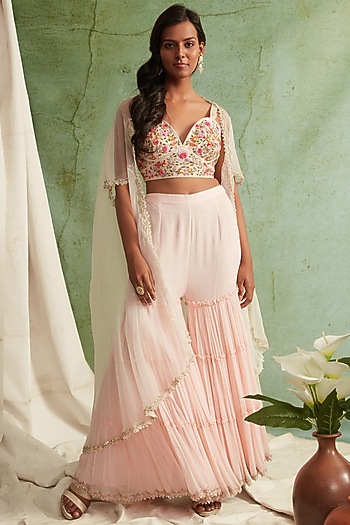 Blush Pink Wedding Sharara Set With Zardosi Embroidery by Priyanka Jain at Pernia's Pop Up Shop