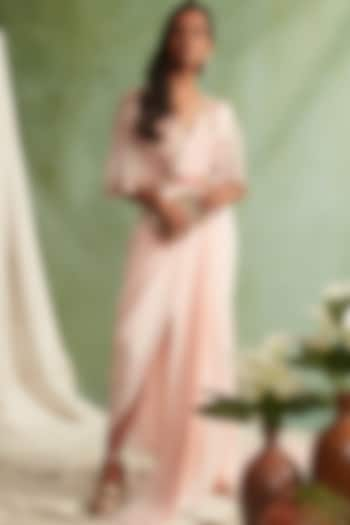 Blush Pink Embroidered Pre-Draped Saree Set by Priyanka Jain