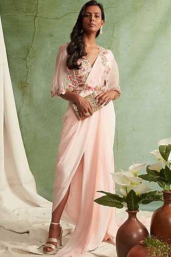 Blush Pink Embroidered Pre-Draped Wedding Saree Set by Priyanka Jain at Pernia's Pop Up Shop