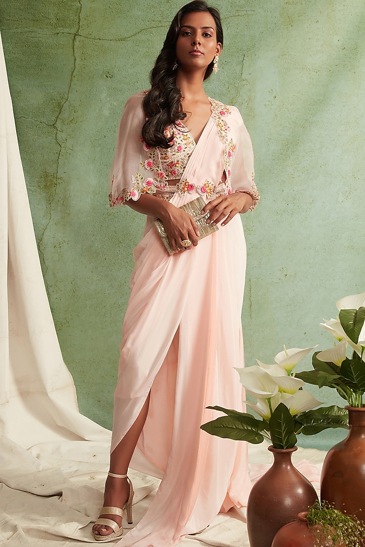 Blush Pink Embroidered Pre-Draped Saree Set by Priyanka Jain