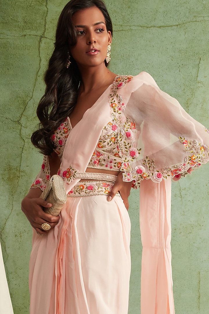 Blush Pink Embroidered Pre-Draped Wedding Saree Set by Priyanka Jain at Pernia's Pop Up Shop