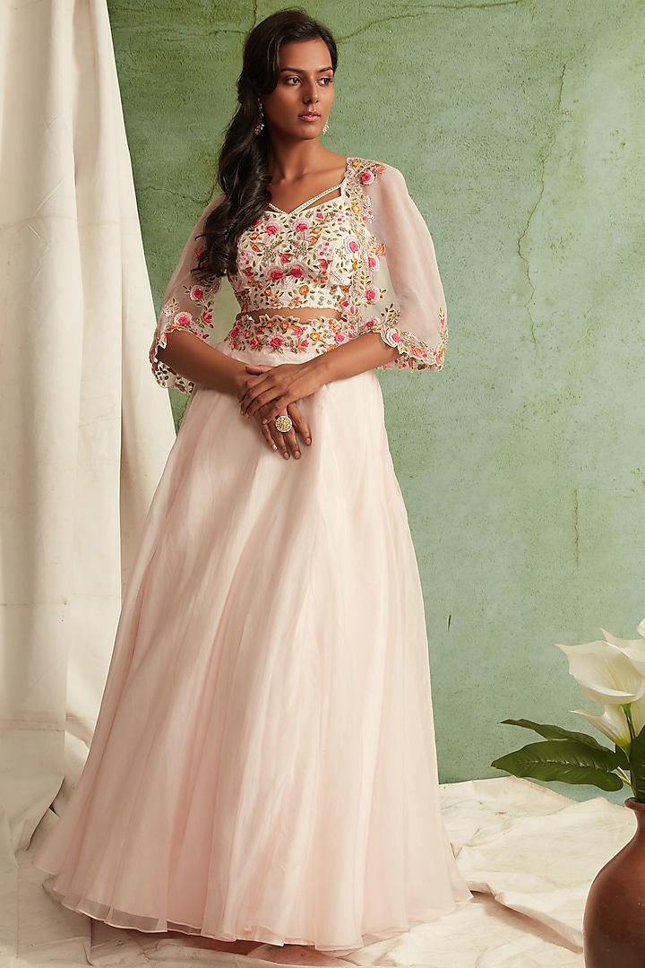 Blush Pink Chanderi Embroidered Lehenga Set by Priyanka Jain