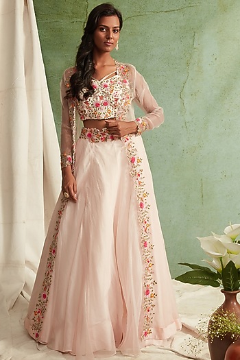 Blush Pink Organza Embroidered Wedding Lehenga Set by Priyanka Jain at Pernia's Pop Up Shop