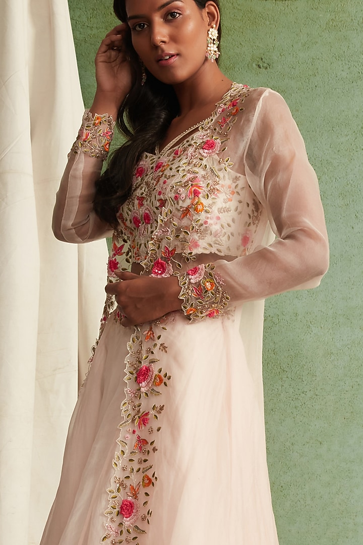 Blush Pink Organza Embroidered Wedding Lehenga Set by Priyanka Jain at Pernia's Pop Up Shop