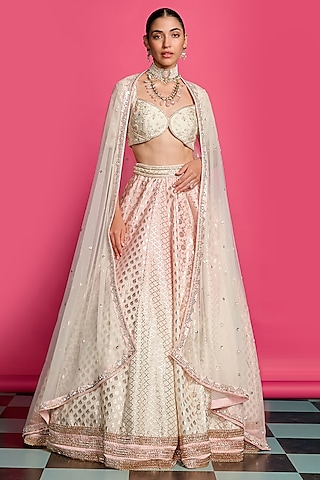 Light Pink-Ivory Cotton Chanderi Embroidered Lehenga Set by Priyanka Jain