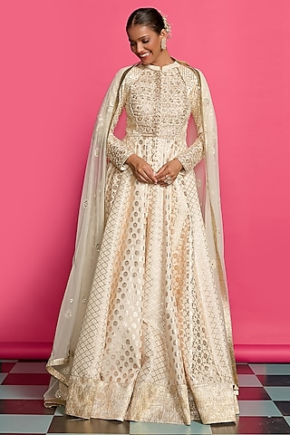 Ivory Cotton Chanderi Embroidered Anarkali Set by Priyanka Jain