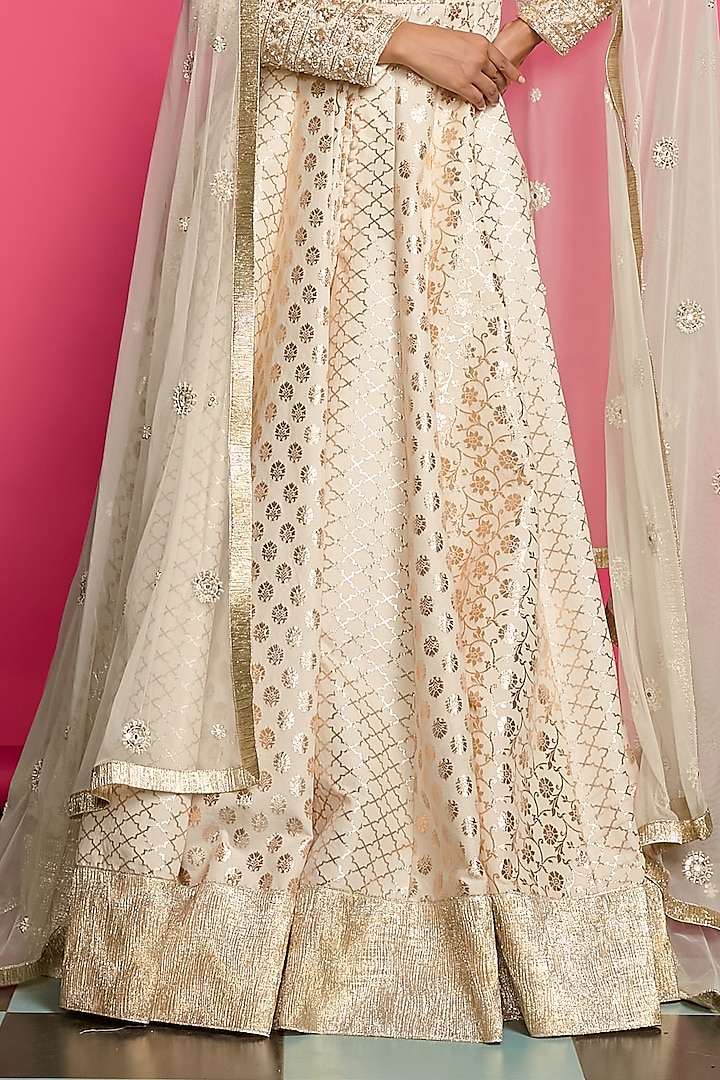 Ivory Cotton Chanderi Embroidered Wedding Anarkali Set by Priyanka Jain at Pernia's Pop Up Shop