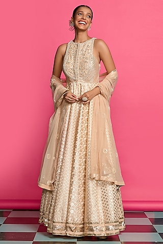 Rose Gold Cotton Chanderi Embellished Anarkali Set by Priyanka Jain