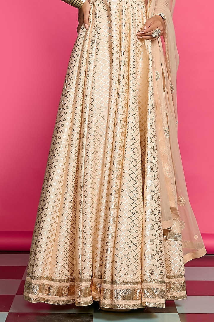 Rose Gold Cotton Chanderi Embellished Wedding Anarkali Set by Priyanka Jain at Pernia's Pop Up Shop