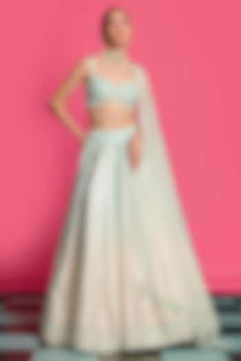 Ivory & Blue Cotton Chanderi Threadwork Wedding Lehenga Set by Priyanka Jain at Pernia's Pop Up Shop