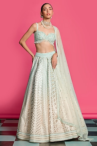 Ivory & Blue Cotton Chanderi Threadwork Lehenga Set by Priyanka Jain