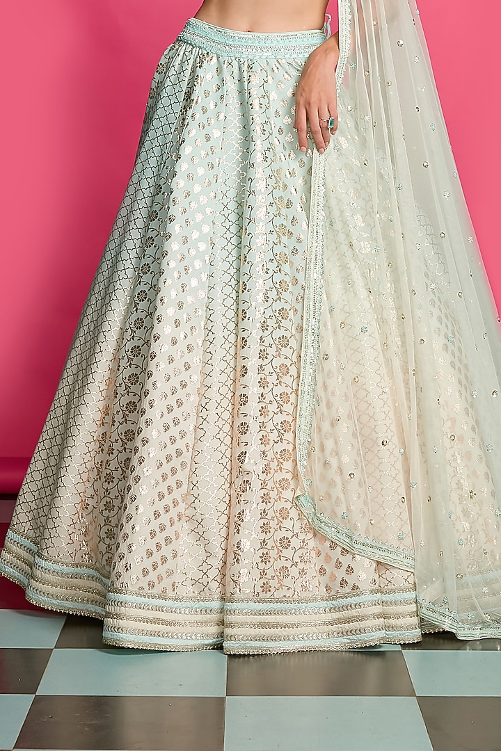 Ivory & Blue Cotton Chanderi Threadwork Wedding Lehenga Set by Priyanka Jain at Pernia's Pop Up Shop