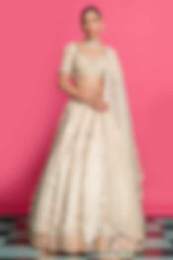 Light Gold & Ivory Cotton Chanderi Threadwork Wedding Lehenga Set by Priyanka Jain at Pernia's Pop Up Shop