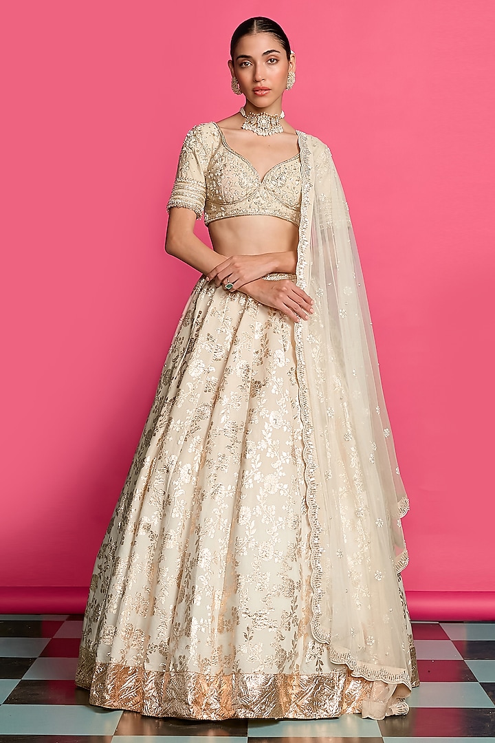 Light Gold & Ivory Cotton Chanderi Threadwork Wedding Lehenga Set by Priyanka Jain at Pernia's Pop Up Shop