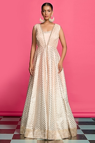 Peach Cotton Silk Maxi Dress With Jacket by Priyanka Jain