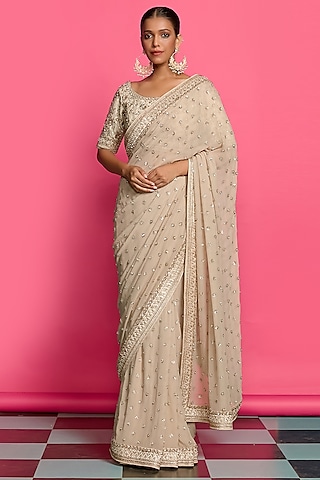 Gold Georgette Dabka Work Saree Set by Priyanka Jain