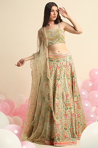 Mint Green Digital Printed Lehenga Set by Priyanka Jain