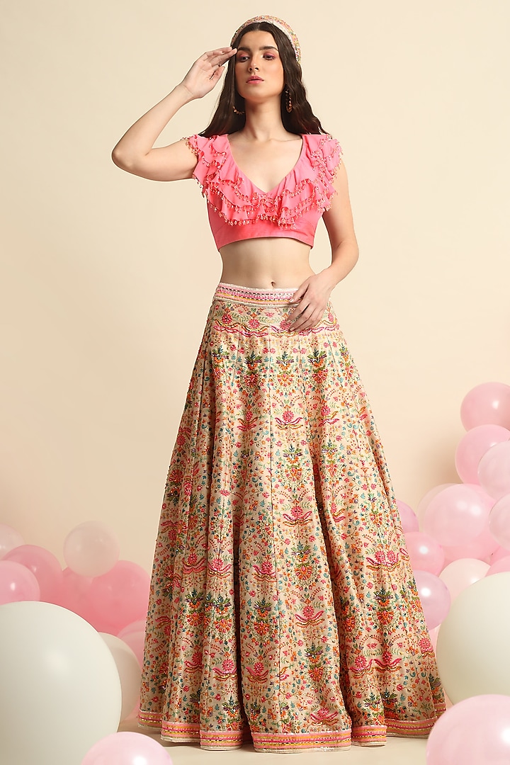 Peach Digital Printed Lehenga Set by Priyanka Jain